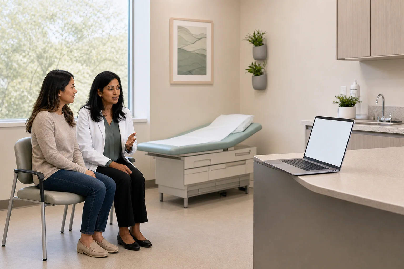 Independent-practice physician speaking with an adult female patient while Oz Scribe captures an asthma follow-up