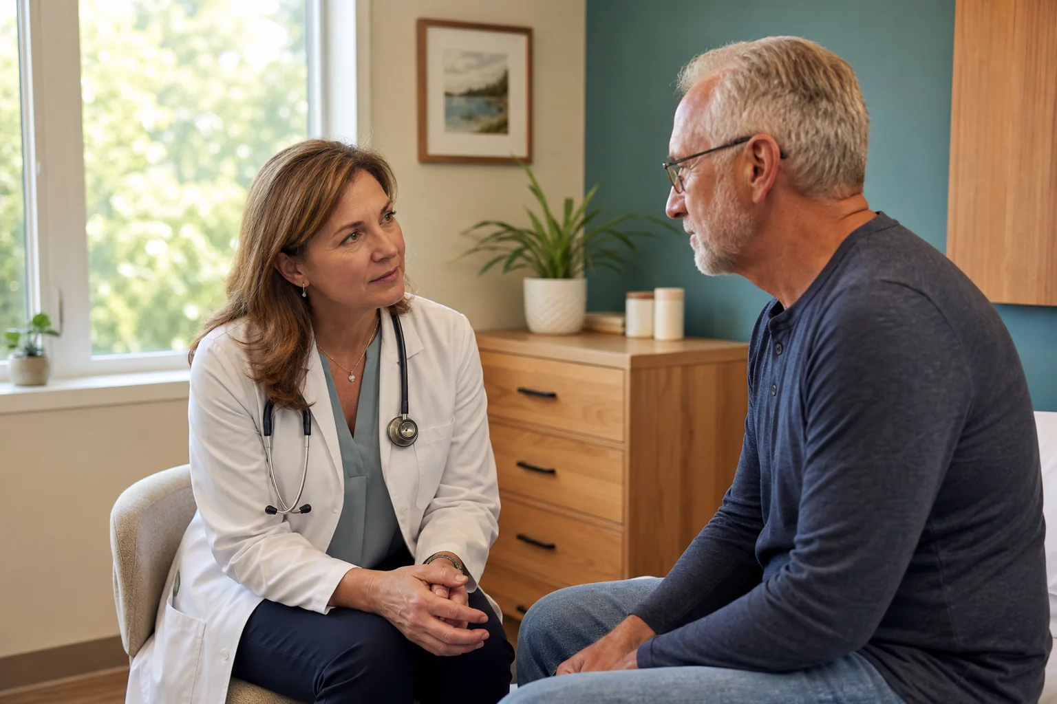 Primary care clinician listening to an older adult patient in an independent practice